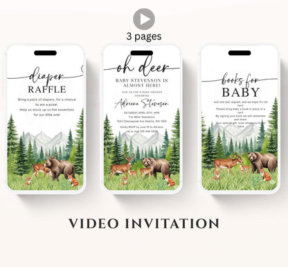Animated Woodland Baby Shower Invitation, Boy Deer Baby Shower Invite, Woodland Animals Baby Shower, Greenery Boho invitation Woodland-5