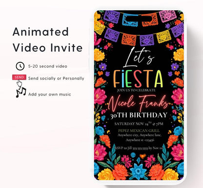 Lets Fiesta Invitation Taco invite, Digital Mexican Theme Birthday Party Invite Latin Celebration Let's Fiesta Cumpleaños Video invitation-3