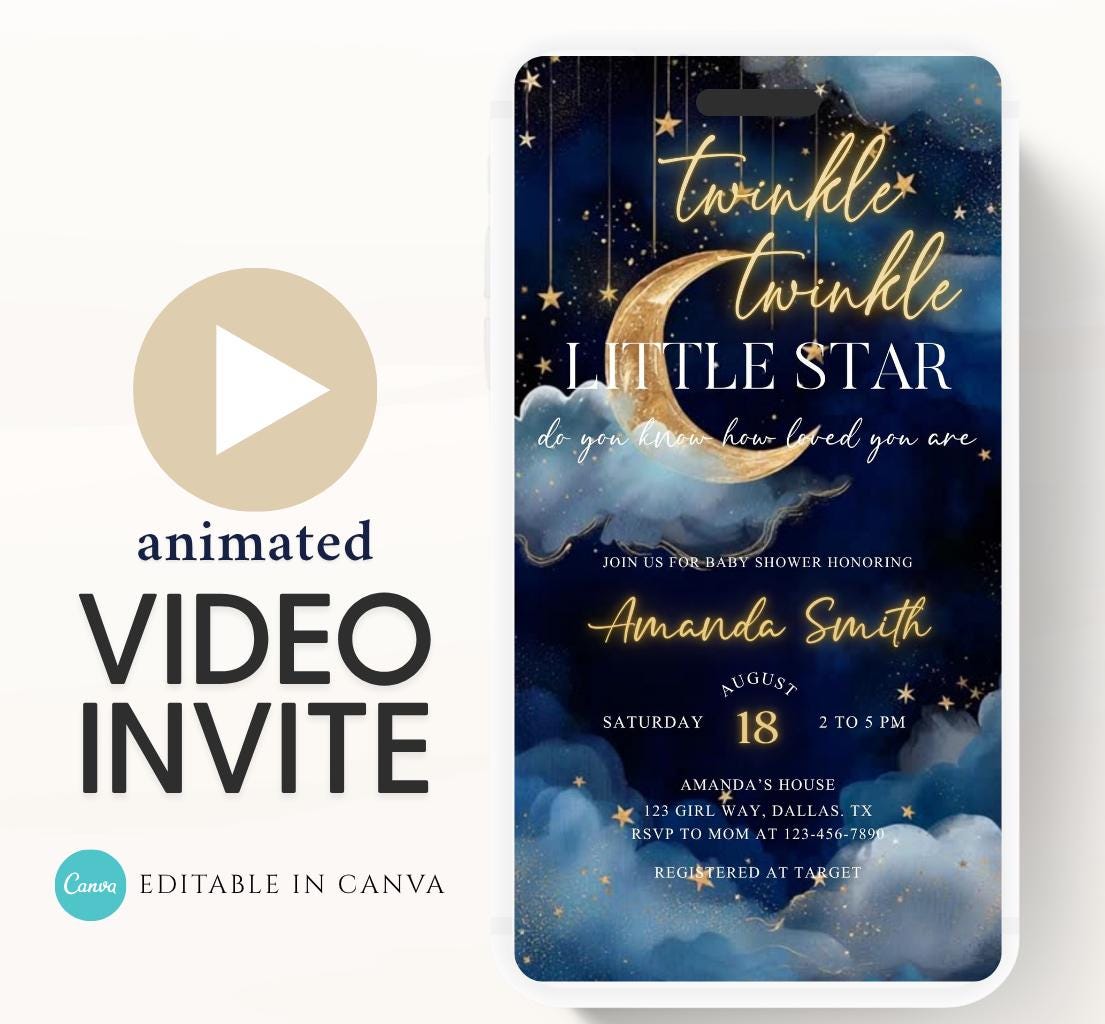 Twinkle little star baby shower invitation, Blue Twinkle Twinkle Little Star Baby Shower Invitation, Moon and Stars Baby Shower, Video-1