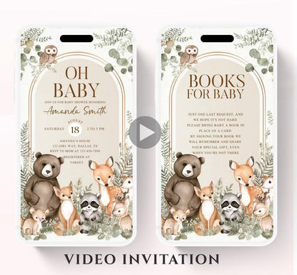 Animated Woodland Baby Shower Invitation, Boy Woodland Baby Shower Invite, Woodland Animals Baby Shower, Greenery Boho invitation Woodland-3