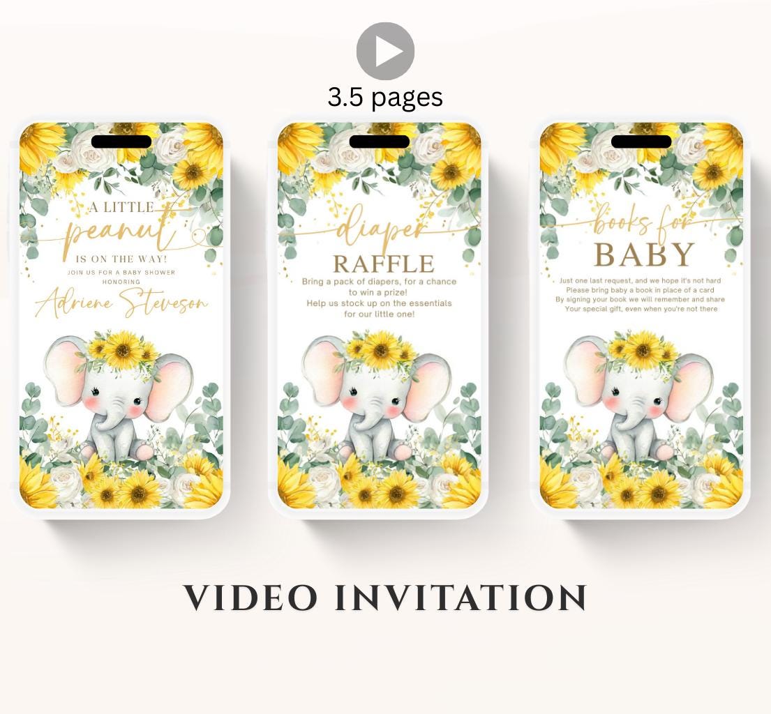 Video Sunflower Elephant Baby Shower Invitation, Summer Watercolor Floral sunflower baby shower invitaiton, Elephant baby invite-1