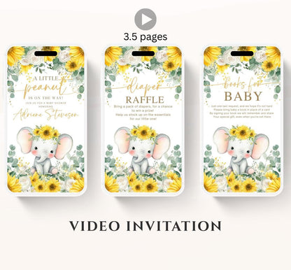 Video Sunflower Elephant Baby Shower Invitation, Summer Watercolor Floral sunflower baby shower invitaiton, Elephant baby invite-1