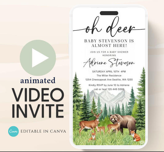 Animated Woodland Baby Shower Invitation, Boy Deer Baby Shower Invite, Woodland Animals Baby Shower, Greenery Boho invitation Woodland-5