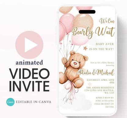 Teddy Bear Baby Shower Invitation We Can Bearly Wait Invite balloon Teddy Bear Template girl Animated video- 3