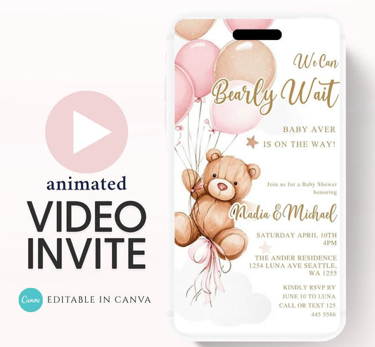 Teddy Bear Baby Shower Invitation We Can Bearly Wait Invite balloon Teddy Bear Template girl Animated video- 3
