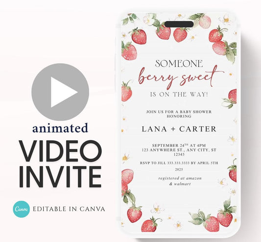 Animated Berry Baby Shower Invitation , Berry Sweet Invite Baby Shower Strawberries berries Minimal Girl Baby Shower Blush Pink Strawberry-1