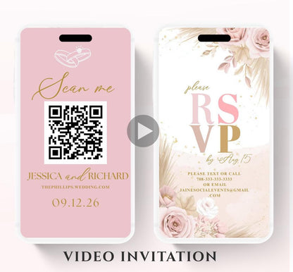 Pink and blush boho florals Wedding invitation, Wedding  invitation, wedding invitation template, Video Wedding invite, wedding invite-12