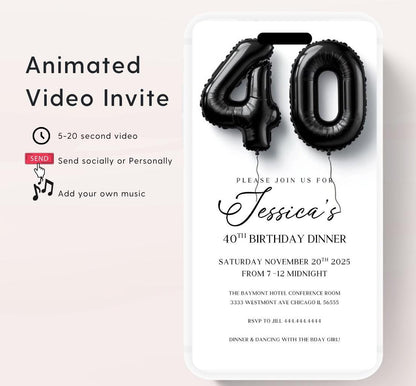Animated 40th Evite Birthday for Adult Invite, Modern 40th Birthday Invite, Digital Animated Diamond Digital 40th Birthday-2