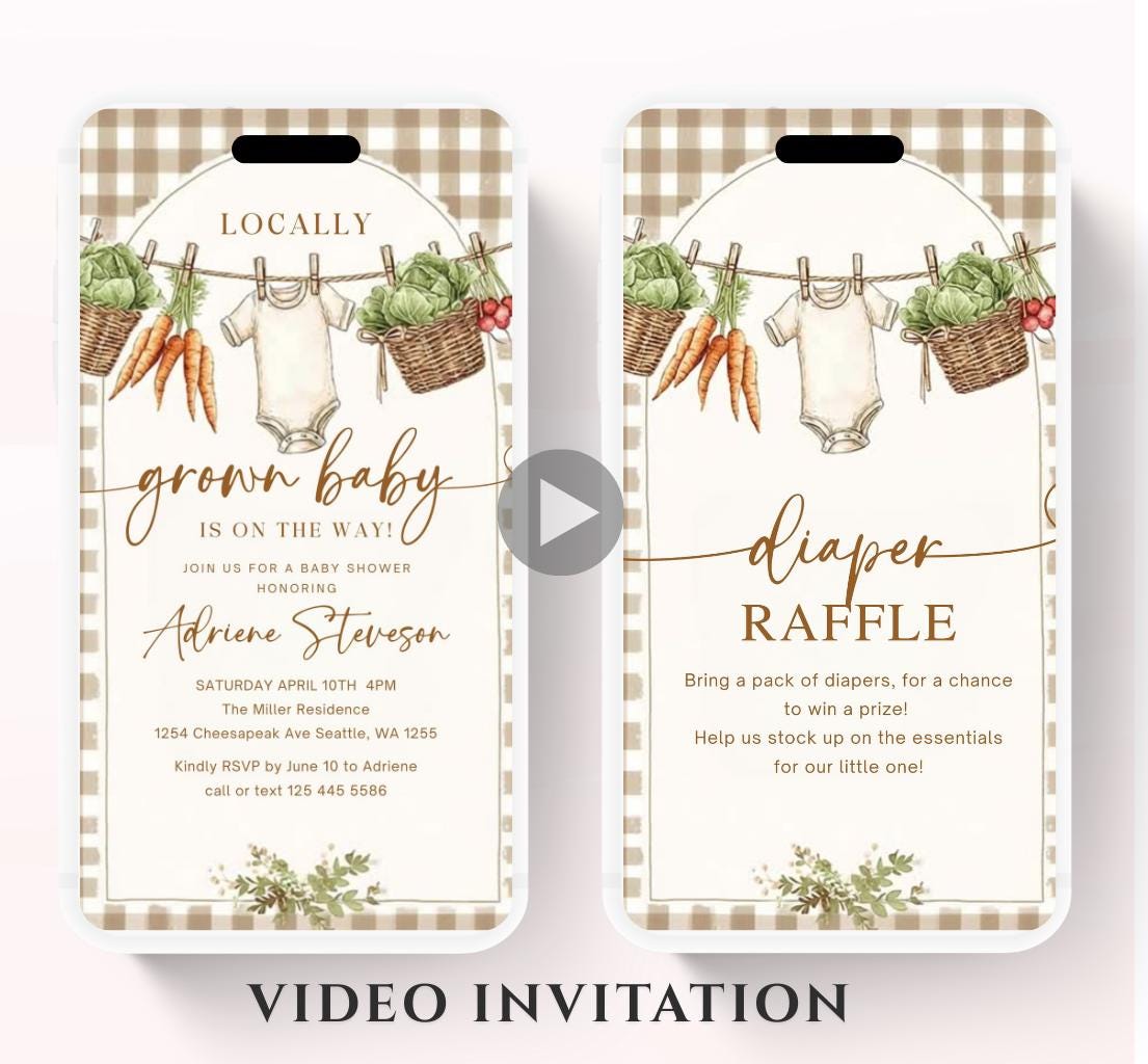 Locally Grown Baby Shower Invitation, Farmers Market Baby Shower Invite, Homegrown, Greenery baby shower video invitation-1