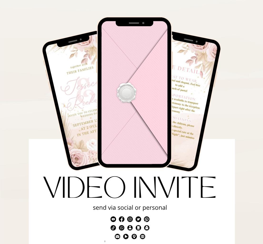 Pink and blush boho florals Wedding invitation, Wedding  invitation, wedding invitation template, Video Wedding invite, wedding invite-12