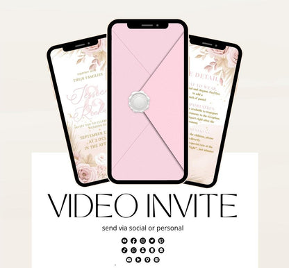 Pink and blush boho florals Wedding invitation, Wedding  invitation, wedding invitation template, Video Wedding invite, wedding invite-12