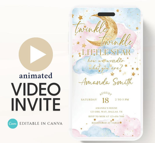 Twinkle Twinkle Little Star Gender Reveal Invitation, Pink and Blue Moon Stars Clouds Invitation, He Or She, Boy Or Girl Video Invite-1