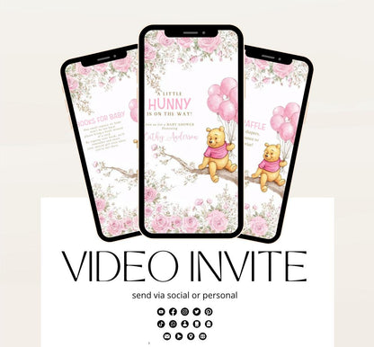 Pink Winnie shower Invitation, Winnie The Pooh Baby Shower Invitations, Winnie The Pooh Invitations Video invitation, Winnie baby shower-18