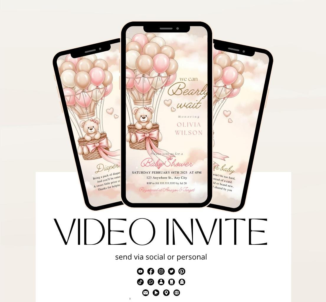Teddy Bear Baby Shower Invitation We Can Bearly Wait Invite hot air balloon Teddy Bear Template girl Animated balloon teddy bear video- 7
