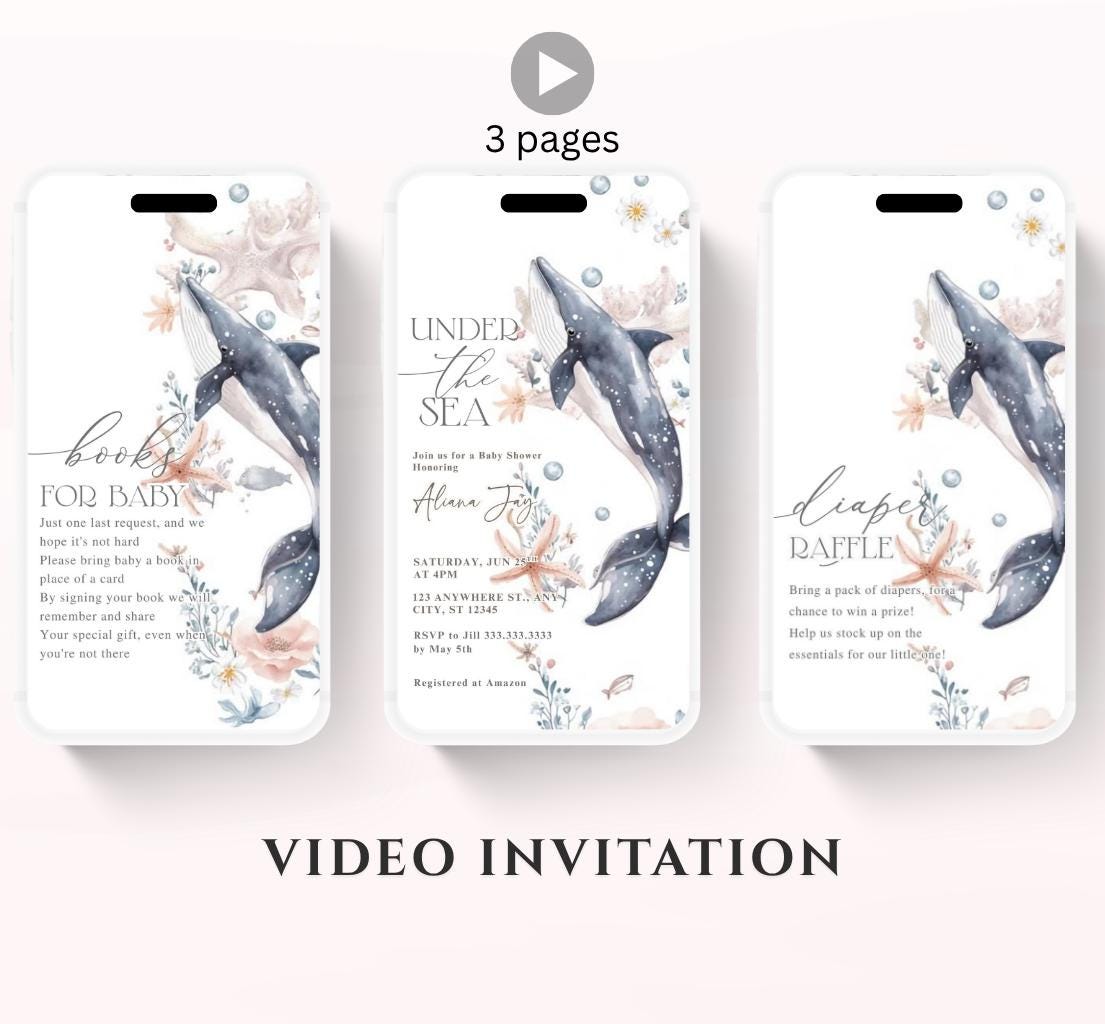 Video Under The Sea Baby Shower Invitation Bundle, Whale Nautical Baby Shower Invite Set, Sea Creatures Ocean Baby Shower Invite-1