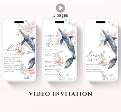 Video Under The Sea Baby Shower Invitation Bundle, Whale Nautical Baby Shower Invite Set, Sea Creatures Ocean Baby Shower Invite-1