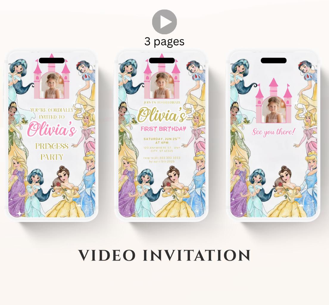 Princess Birthday Invitation, Princess Invitation, Princess Party Invitation, Girl Princesses Theme Invite Digital Editable Video invite-1