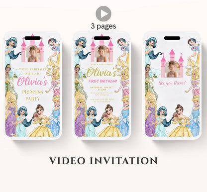 Princess Birthday Invitation, Princess Invitation, Princess Party Invitation, Girl Princesses Theme Invite Digital Editable Video invite-1