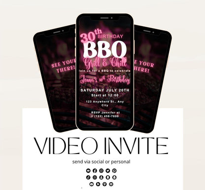Digital Birthday BBQ Chill and Grill Invitation. Animated Barbeque Party Invite in Neon Pink. Birthday invite Video-1