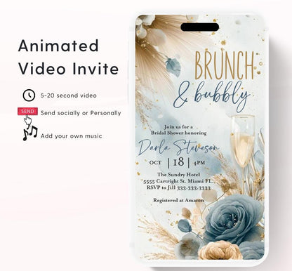 Brunch and Bubbly Bridal Shower Invitation Video, Champagne Shower Invite, Boho Blue Bridal Shower Invitation, Brunch Invite-1