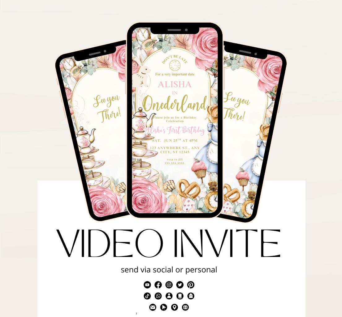 Video Wonderland birthday invitation, Alice in wonderland birthday invitation, Mad hatter first birthday, Wonderland first birthday invite-3