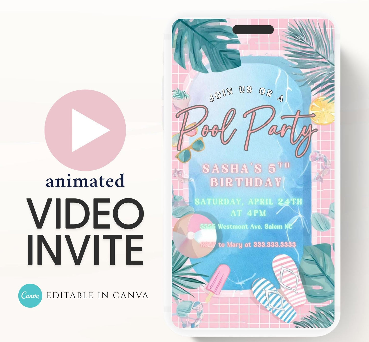 Pool party birthday invitation, pool party digital invitation, summer party invitation, birthday invitation, Pool invitation-2