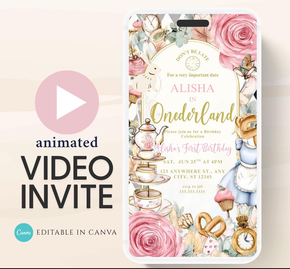 Video Wonderland birthday invitation, Alice in wonderland birthday invitation, Mad hatter first birthday, Wonderland first birthday invite-3