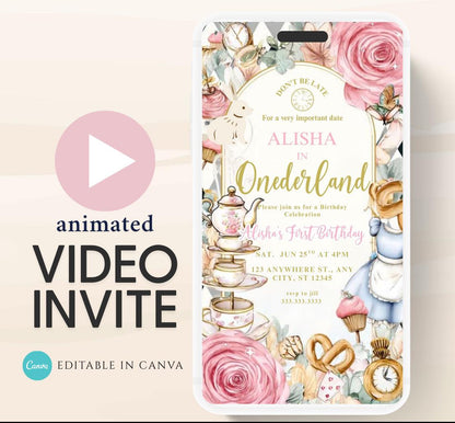 Video Wonderland birthday invitation, Alice in wonderland birthday invitation, Mad hatter first birthday, Wonderland first birthday invite-3