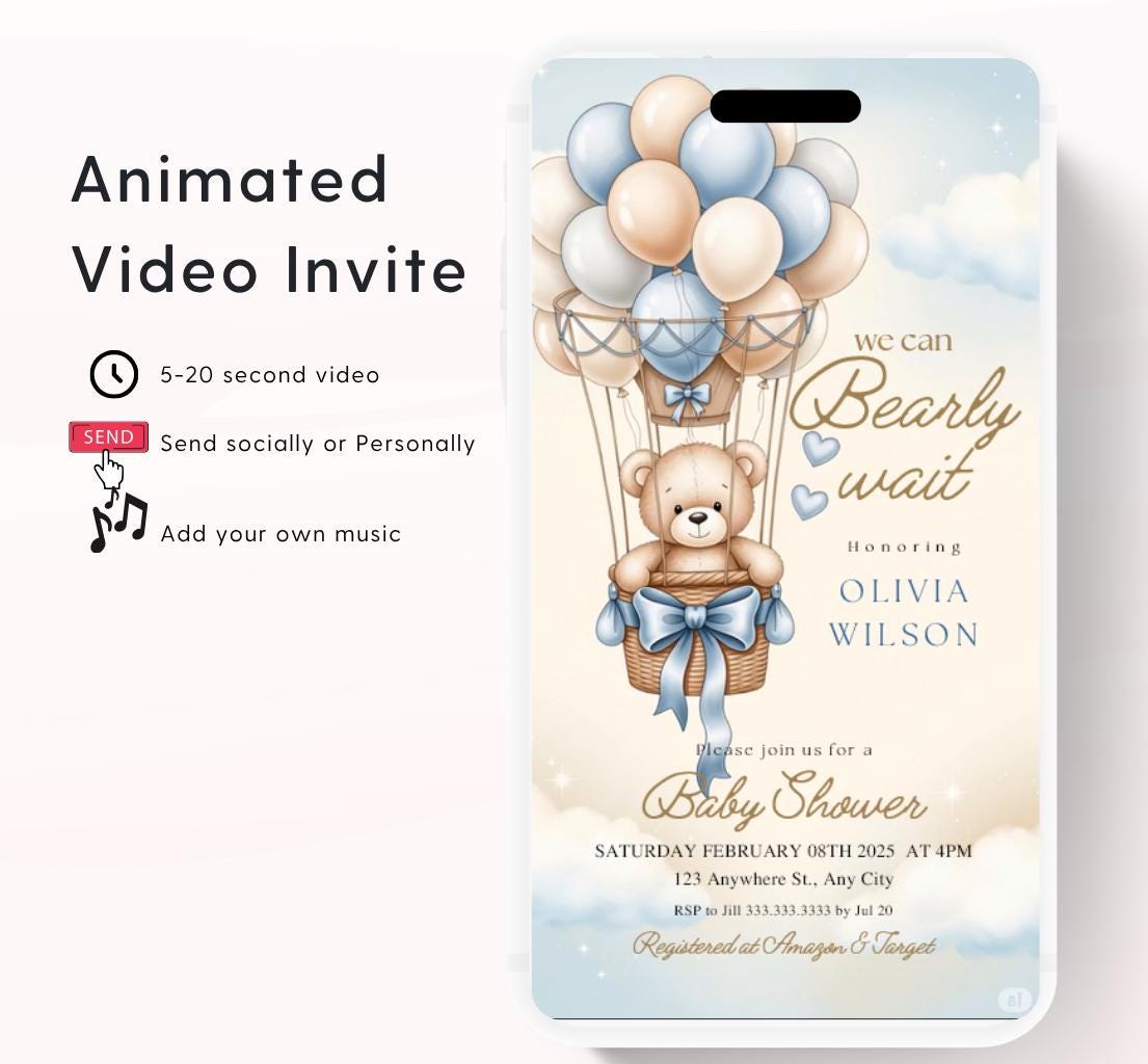 Video We Can Bearly Wait Baby Shower Invitation Teddy Bear Hot air Balloon Bear Theme Invites, Baby shower teddy bear invite animated-7