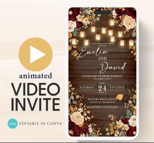 Rustic burgundy floral Wedding invitation, Wedding  invitation, wedding invitation template, Video Wedding invite, wedding invite-15