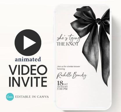She's Tying the Knot Bridal Shower Invitation Template,Video Black Bow Bridal Shower Invite,Ribbon WeddingShower,BacheloretteParty Invite-1