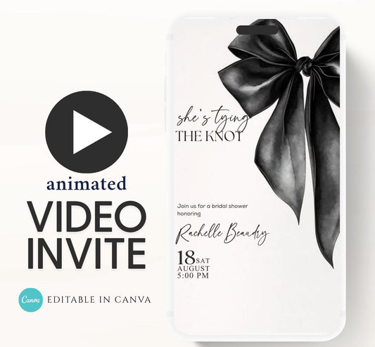 She's Tying the Knot Bridal Shower Invitation Template,Video Black Bow Bridal Shower Invite,Ribbon WeddingShower,BacheloretteParty Invite-1