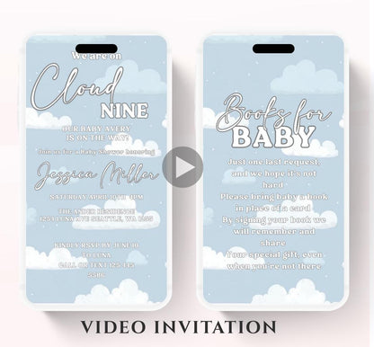 Video On Cloud 9 Baby Shower Invitation Blue Cloud Nine Boy Shower Invite We're on Cloud Nine Party Invite Printable Animated