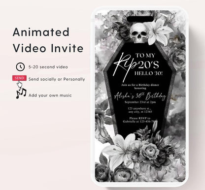 Animated 30th Evite Birthday for Adult Invite, Modern 30th Birthday Invite, Digital Animated Rip 20's Digital Halloween 30th Birthday-16