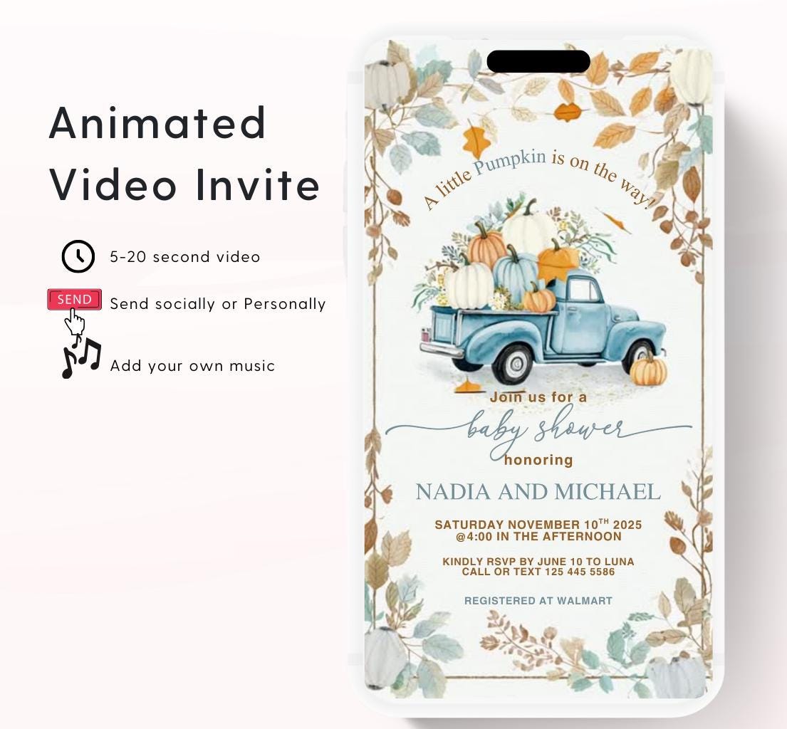 Video Fall Baby Shower Invitation Little Pumpkin Baby Shower Invitation Autumn Baby Shower Fall Hello Baby Shower pumpkin truck -5