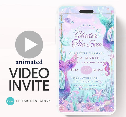 Mermaid Birthday Invitation, Mermaid Invite, Under the Sea Birthday Party, Glitter Birthday, Pink Birthday, Mermaid Party Video invitation-2