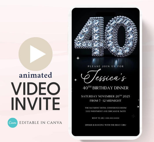 Animated 40th Evite Birthday for Adult Invite, Modern 40th Birthday Invite, Digital Animated Diamond Digital 40th Birthday-1
