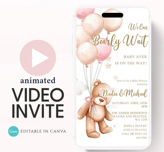 Teddy Bear Baby Shower Invitation We Can Bearly Wait Invite balloon Teddy Bear Template girl Animated video- 2