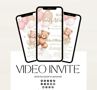 Teddy Bear Baby Shower Invitation We Can Bearly Wait Invite balloon Teddy Bear Template girl Animated video- 3