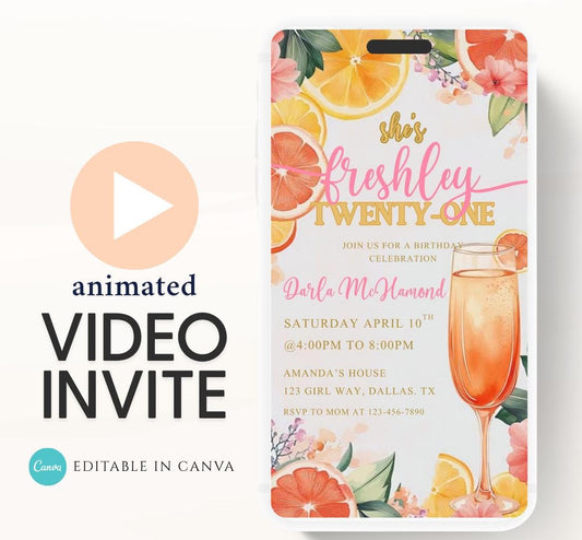 Citrus Birthday Brunch Invite. Digital Animated 21st birthday Party Invitation. Lemon Yellow and Pink Citrus Birthday Video invite-1