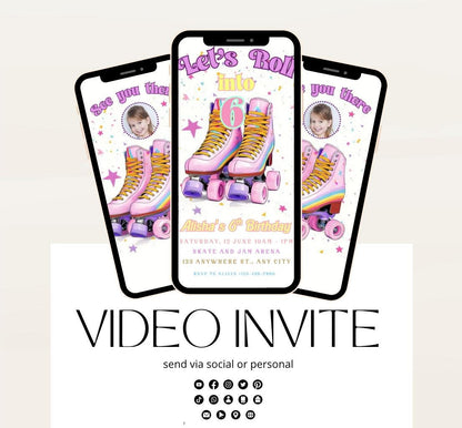 Roller Skating Birthday Invitation, Skate Party Birthday Invite, Roller Skating, Retro Neon Lights, Rollerblade Skate Rink Editable Video-1