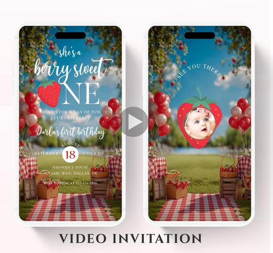 Berry Sweet First Birthday Invitation Video, Strawberry 1st Birthday Invite, Girls 1st Birthday Invitation, Printable Strawberry Invite-1