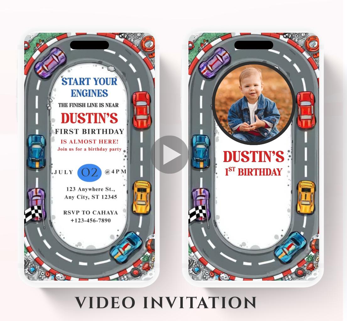Race car Fast One Birthday Invitation, Video Race Car Birthday Invite, Editable 1st Birthday Boy Party Invitation First Birthday-1