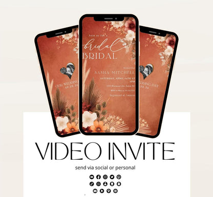 Video Bridal Shower Invitation Template, Pampas & Floral, Bridal shower fall, Boho, Arch, Palm Leaf, Rust, Burnt Orange, Terracotta-3