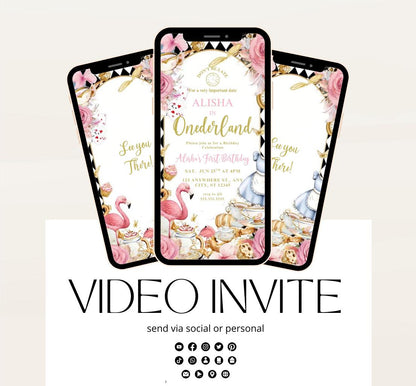 Video Wonderland birthday invitation, Alice in wonderland birthday invitation, Mad hatter first birthday, Wonderland first birthday invite-2