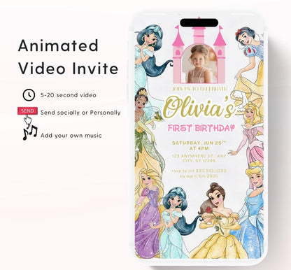 Princess Birthday Invitation, Princess Invitation, Princess Party Invitation, Girl Princesses Theme Invite Digital Editable Video invite-1