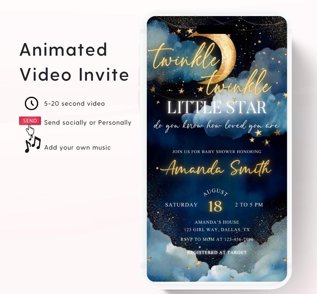 Twinkle little star baby shower invitation, Blue Twinkle Twinkle Little Star Baby Shower Invitation, Moon and Stars Baby Shower, Video-2