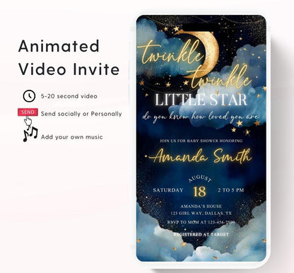 Twinkle little star baby shower invitation, Blue Twinkle Twinkle Little Star Baby Shower Invitation, Moon and Stars Baby Shower, Video-2