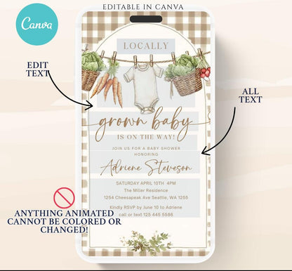 Locally Grown Baby Shower Invitation, Farmers Market Baby Shower Invite, Homegrown, Greenery baby shower video invitation-1