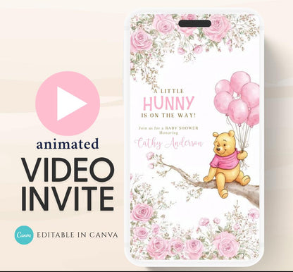 Pink Winnie shower Invitation, Winnie The Pooh Baby Shower Invitations, Winnie The Pooh Invitations Video invitation, Winnie baby shower-18